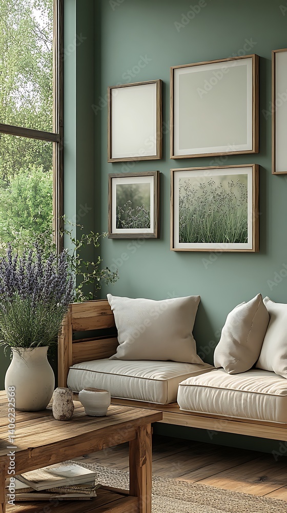 Serene room decor with floral accents, wooden furniture, and ample natural light creates a calming indoor ambiance.