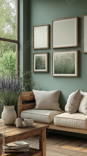 Obraz na płótnie Serene room decor with floral accents, wooden furniture, and ample natural light creates a calming indoor ambiance. w salonie