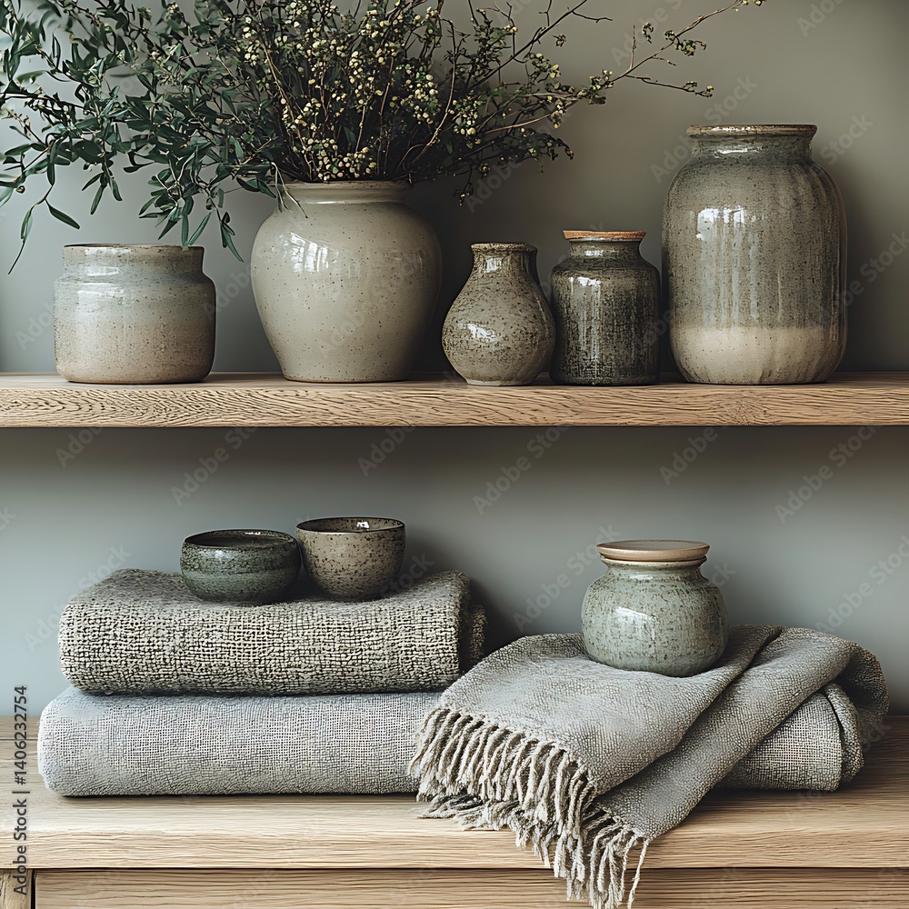 Serene Still Life: Neutral Toned Ceramics and Soft Textiles Displayed on Wooden Shelves in a Minimalist Interior Setting.