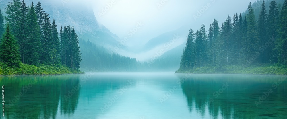 Fototapeta premium Lake reflection, tranquil, still water, misty mountains & evergreen forest on shores