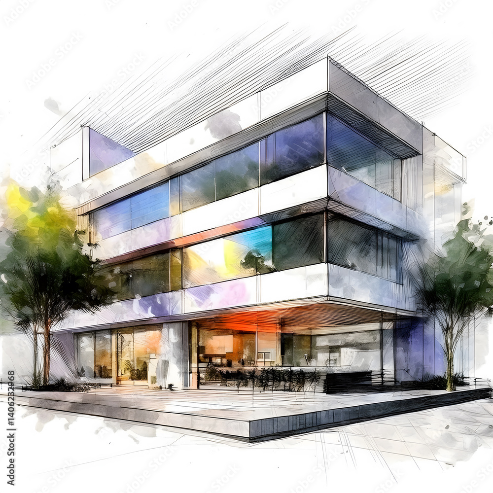 Modern building sketch with large windows reflecting a colorful sky Modern building sketch with large windows reflecting a colorful sky
