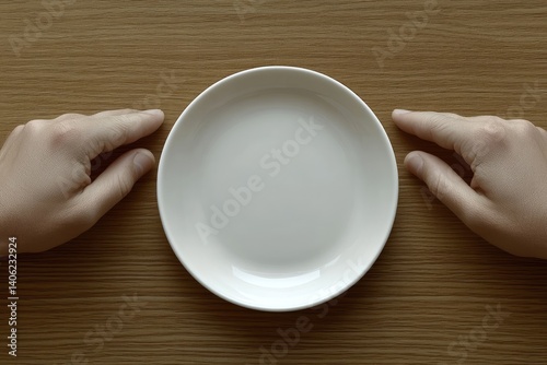 Empty white plate on wood surface, bordered by two hands, creating anticipation for a meal