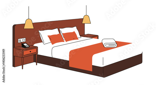 Minimalist hotel bed with fluffy pillows and towel in flat design  