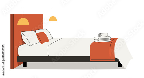 Minimalist hotel bed with fluffy pillows and towels in modern style  