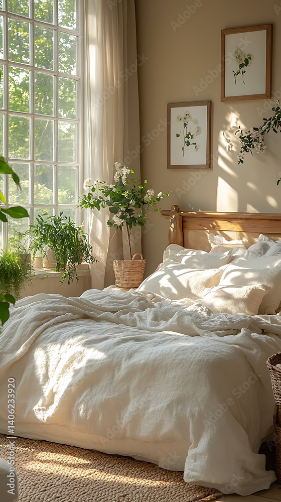 Sun-Drenched Bedroom Scene with Linen Bedding, Wooden Accents, Plants, and Natural Light Enhancing a Calm and Cozy Interior Space.
