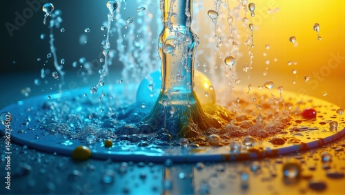 A close-up of water splashing, creating droplets around a central column of water. The scene features vibrant blue and orange lighting, highlighting the dynamic motion of water. Generative, AI,