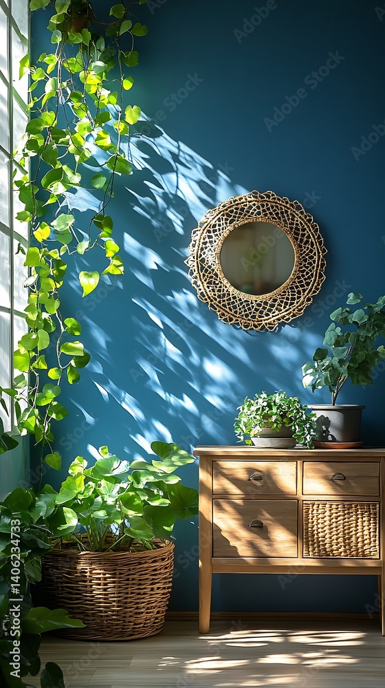 Sunlit Interior Scene Featuring Plants, Wooden Cabinet, and Round Mirror Against a Deep Blue Wall for a Serene Home Aesthetic.