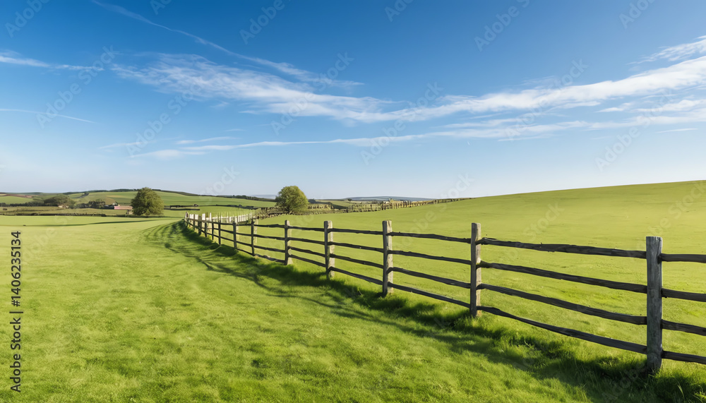 A serene landscape featuring lush green fields, a rustic wooden fence, and a clear blue sky, perfect for nature lovers. A serene landscape featuring lush green fields, a rustic wooden fence, and a clear blue sky, perfect for nature lovers.