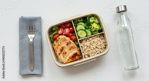 Healthy lunchbox on desk with grilled chicken, vegetables and water bottle for work wellness