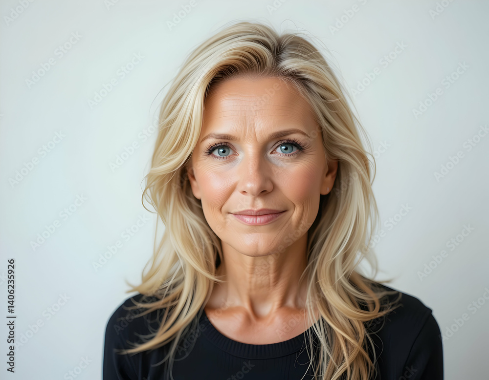 Smiling Woman Portrait with Blonde Hair and Blue Eyes in Natural Light Smiling Woman Portrait with Blonde Hair and Blue Eyes in Natural Light
