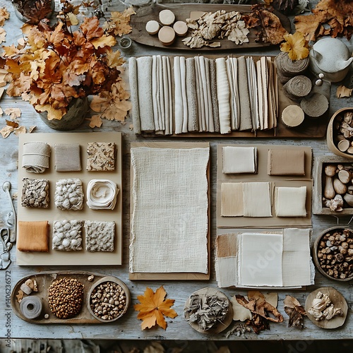 Obraz na płótnie Textured Layout with Autumnal Elements: a Rustic Composition of Natural Materials and Decorative Arrangements w salonie