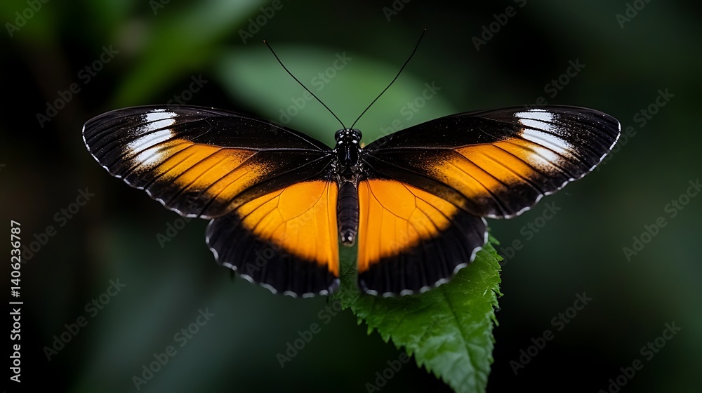 Vibrant Orange Butterfly on Leaf with Tropical Nature. Vibrant Orange Butterfly on Leaf with Tropical Nature.