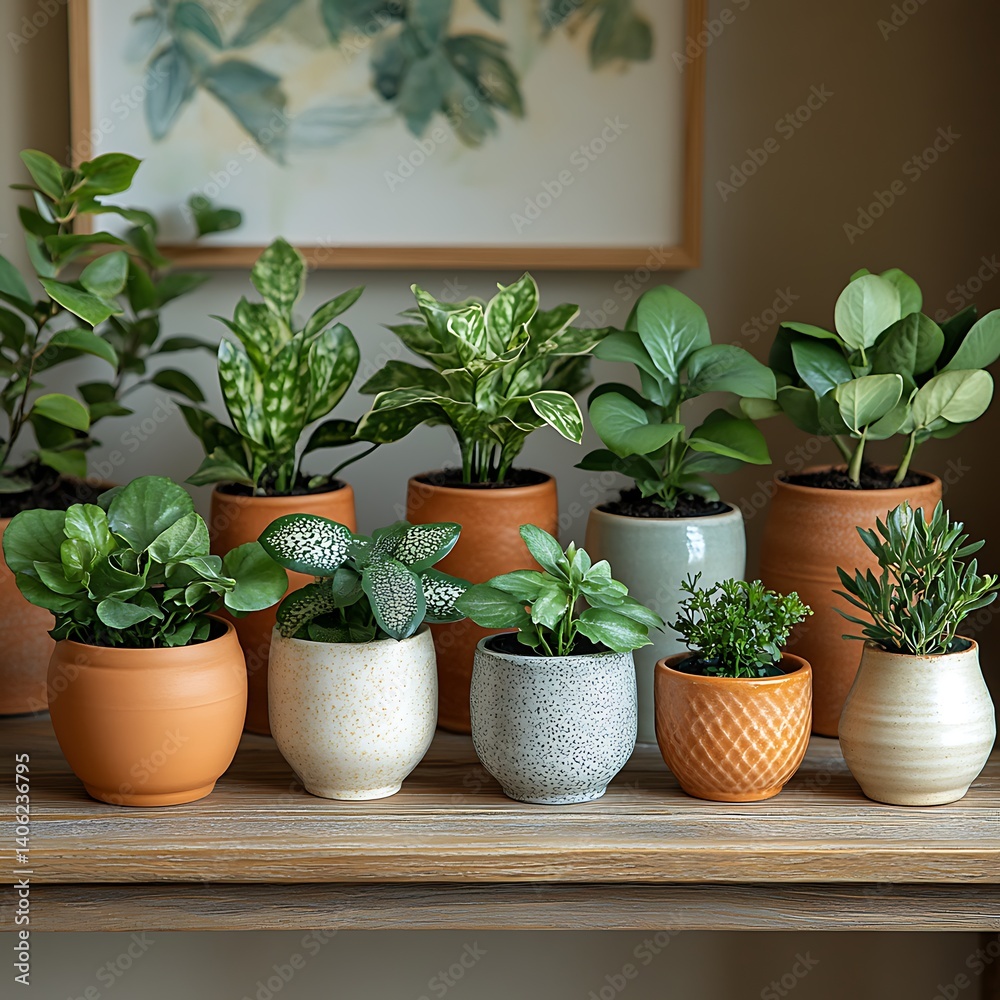 Variety of Potted Houseplants on Wooden Shelf with Decorative Painting, Adding Natural Decor and a Peaceful Ambiance.