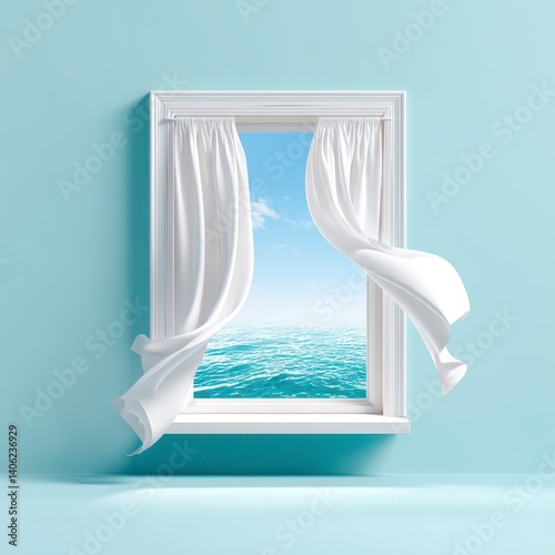 Bright and Serene Window View with Ocean and Cloudy Sky