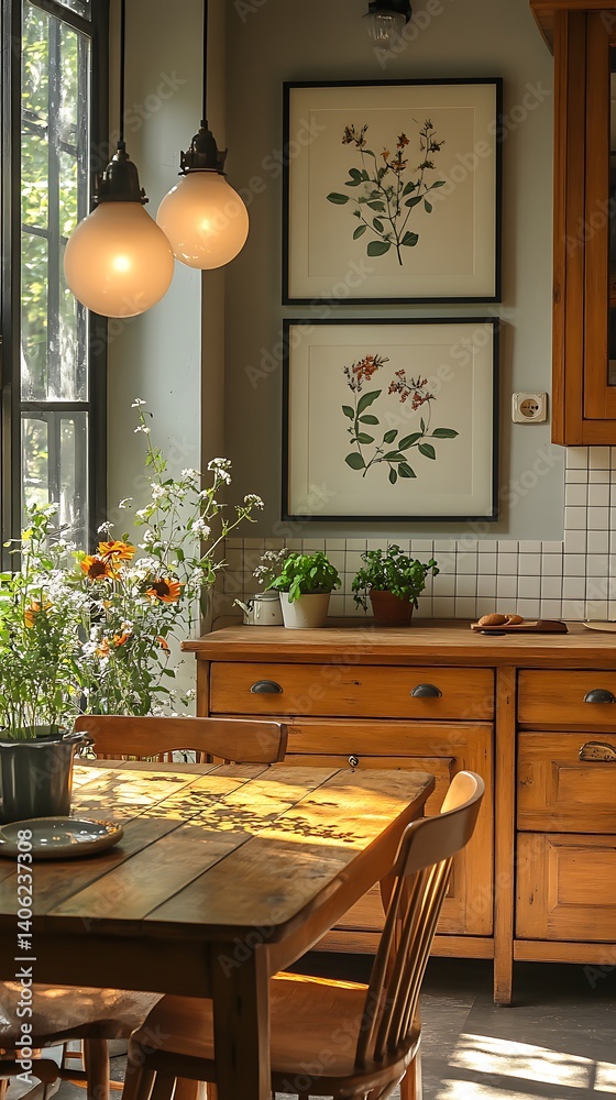 Warm Kitchen Interior with Natural Light, Wooden Furniture, Floral Decor, and a Comfortable Dining Area.