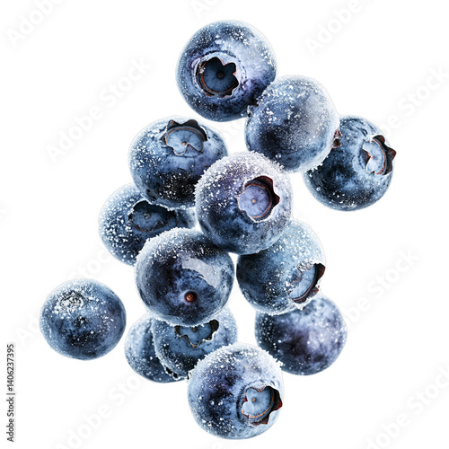 Falling frozen blueberries with frost. Isolated white background. Png format