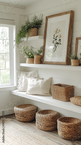 Obraz na płótnie White Room Shelving Decor with Plants, Pillows, and Woven Baskets for Home Interior Design and Decoration Inspiration. w salonie