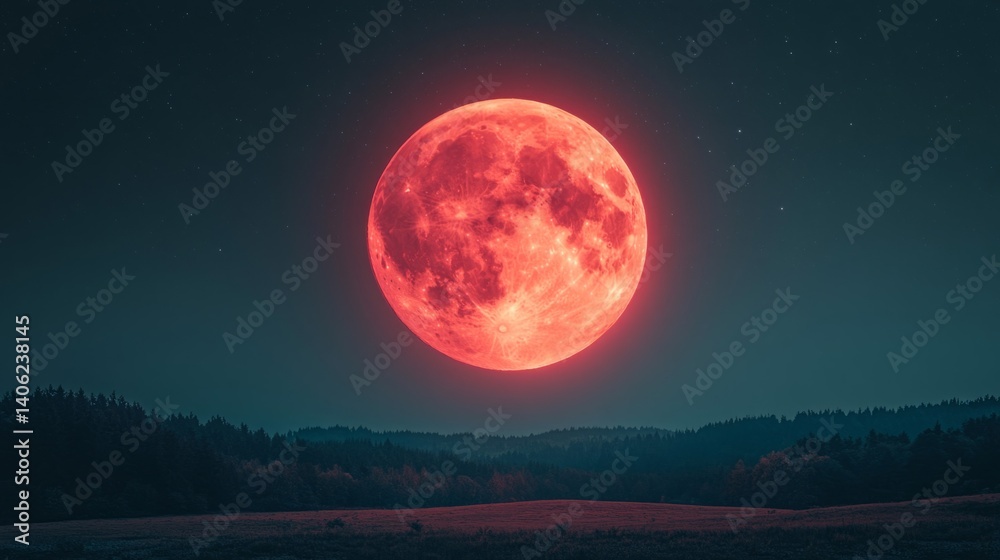 Fototapeta premium Pixelated Red Moon Over Dark Landscape at Night