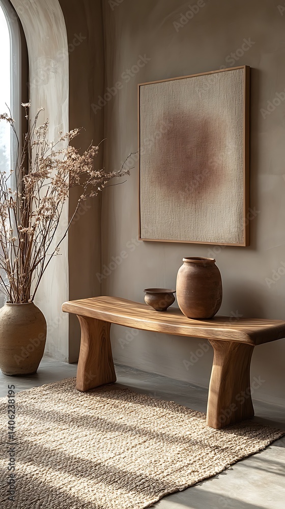 Elegant Interior with Neutral Tones, Wooden Bench, Artwork, and Decorative Vases, Creating a Serene and Minimalist Atmosphere.