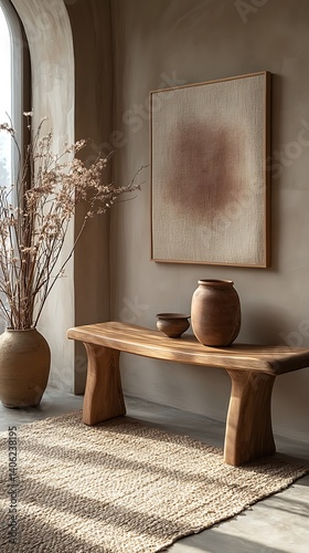 Obraz na płótnie Elegant Interior with Neutral Tones, Wooden Bench, Artwork, and Decorative Vases, Creating a Serene and Minimalist Atmosphere. w salonie