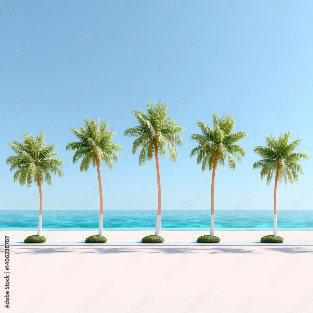 Fototapeta premium Tropical Beach Scene with Palm Trees and Calm Ocean View