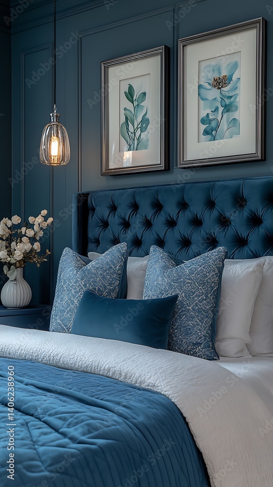 Elegant navy bedroom featuring a tufted headboard, patterned cushions, floral artwork, and stylish light fixture.