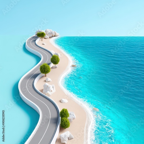 Winding Coastal Road with Scenic Ocean and Clear Blue Sky