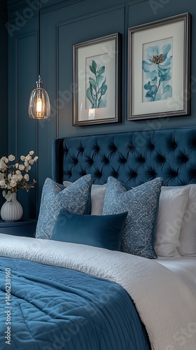 Obraz na płótnie Elegant navy bedroom featuring a tufted headboard, patterned cushions, floral artwork, and stylish light fixture. w salonie