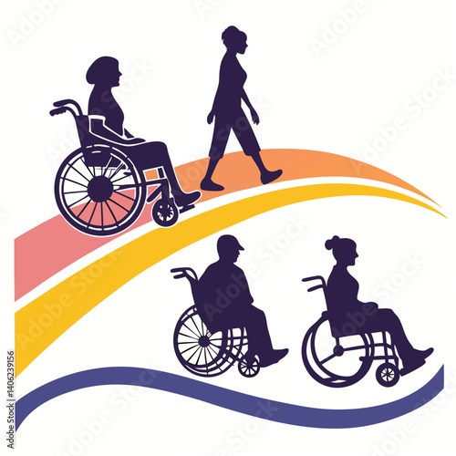 Accessibility Vector Illustration Featuring People With Disabilities And Inclusive Environment With Colorful Stripes