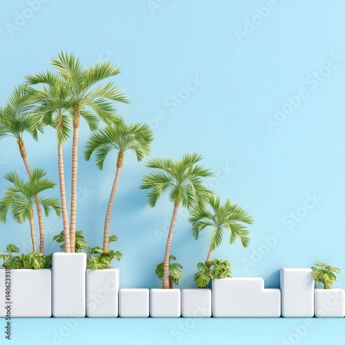 Lush Green Palm Trees in Minimalist Planters Against Blue Background