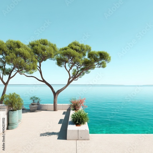 Serene Coastal View with Lush Green Trees and Clear Blue Water