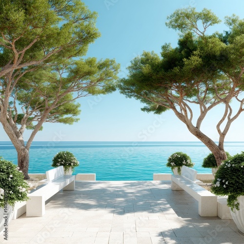 Tranquil Seaside Scene with Trees and Relaxing Seating Area