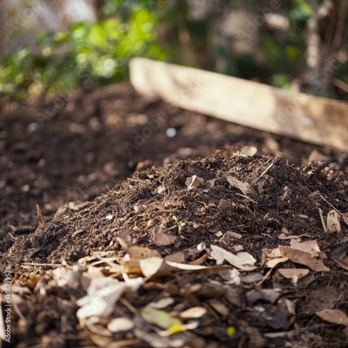 A Close-Up View of Rich Dark Soil with Fallen Leaves in a Natural Garden Setting, Highlighting the Beauty and Texture of Earthy Ground Materials for Gardening and Landscaping