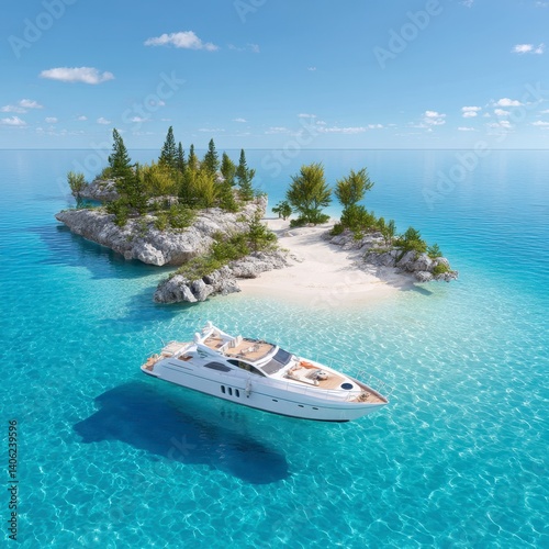 Serene Tropical Island Escape with Yacht on Crystal Clear Water
