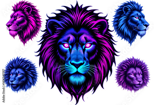 lions head set, great wild animal lion collection with glowing colors of purple pink and blue on white background

