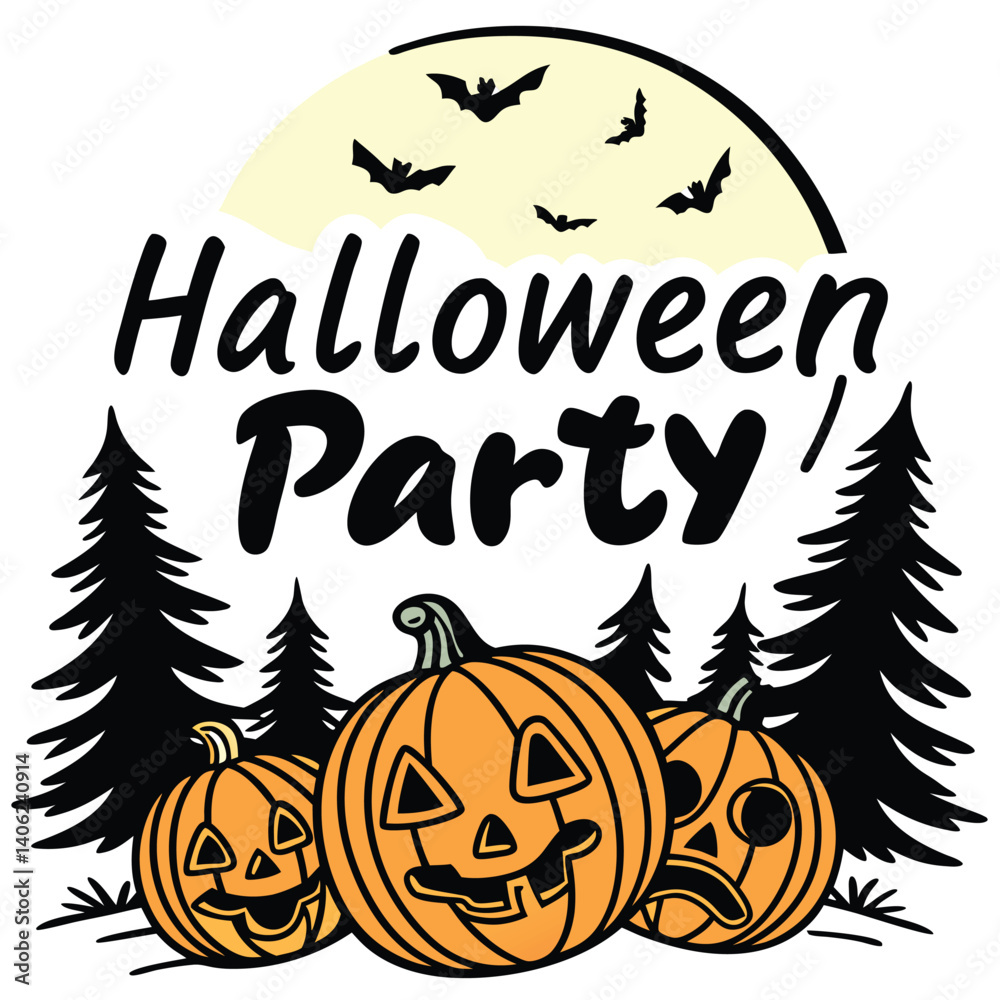 Spooky Halloween Party Graphic With Pumpkins Bats And Pine Trees Illustration Spooky Halloween Party Graphic With Pumpkins Bats And Pine Trees Illustration