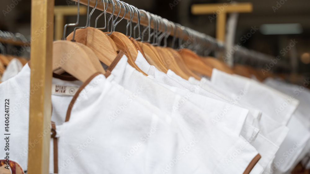 Close up of clothes on hangers in store Close up of clothes on hangers in store