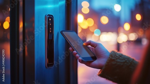 A person holding a smartphone, using it to unlock a dark-blue, metallic door with a rectangular embedded reader