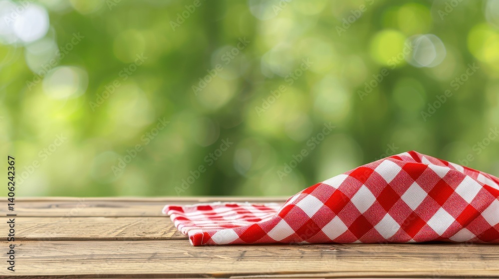 Rustic wooden picnic table with blurred green background, perfect for showcasing food and drink products. Summer vibes with a touch of elegance.
