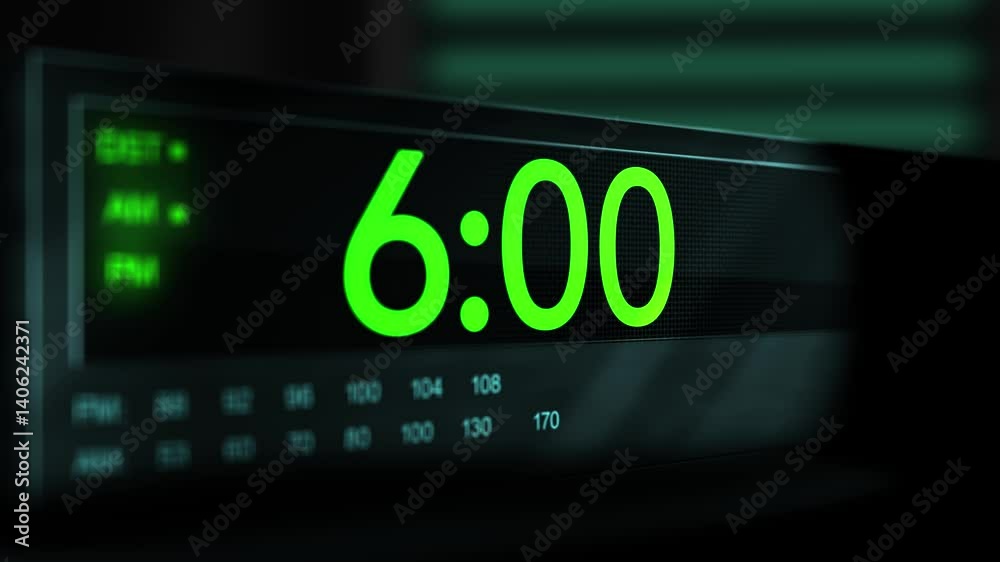 Camera pans across old digital clock as time arrives at 6 AM - Green Version Camera pans across old digital clock as time arrives at 6 AM - Green Version