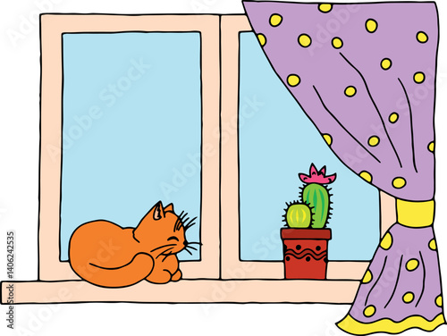 window with open polka dot curtain with ginger cat and blooming cactus in pot on windowsill, hand drawn with curved black outlines