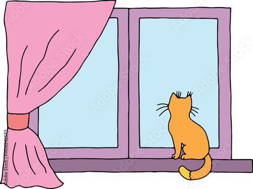 ginger cat sitting on a windowsill and looking out the window with an open pink curtain, hand drawn with curved black outlines