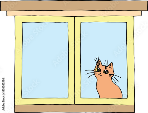 happy ginger cat sitting on windowsill and looking at camera through window hand drawn with curved black outlines