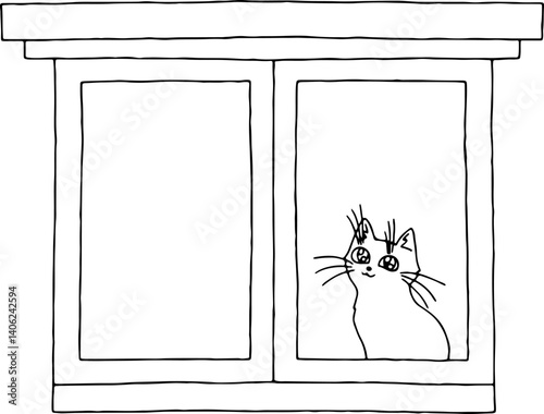 outline of happy cat sitting on windowsill and looking at camera through window, hand drawn with curved black outlines