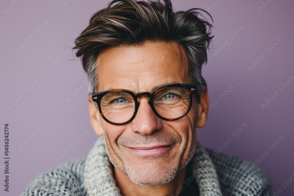 Portrait of handsome mature man in eyeglasses and woolen scarf.