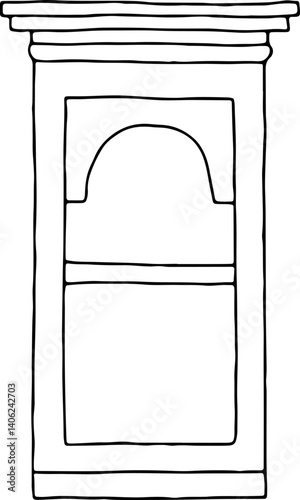 outline of classic vintage rectangular window with decorative element in window and canopy above window, hand drawn with curved black outlines