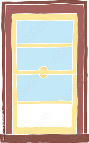 sliding rectangular half-open wooden window with sill in frame, hand drawn with curved black outlines