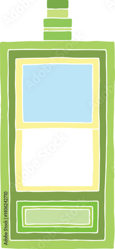 classic vintage rectangular sliding window in green shades with decorative element above the window and rectangular decoration below the window, hand drawn with curved black outlines
