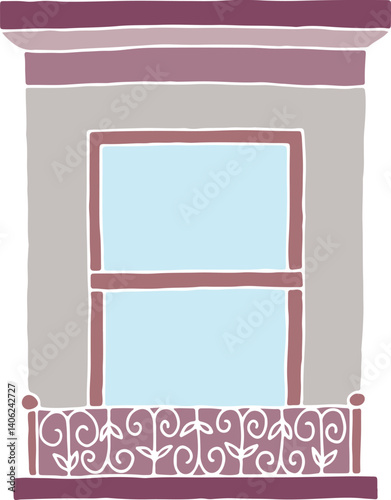 antique classic half open sliding window with balcony box with patterns with shades of dark pink flowers, hand drawn with curved black outlines