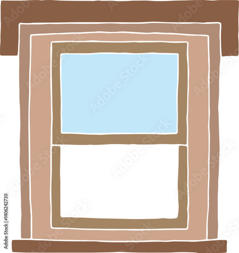 simple half open sliding wooden window in frame with sill and canopy, hand drawn with curved black outlines